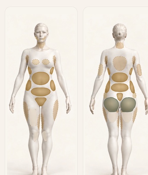 The planner’s body map, front and back, with liposuction areas marked