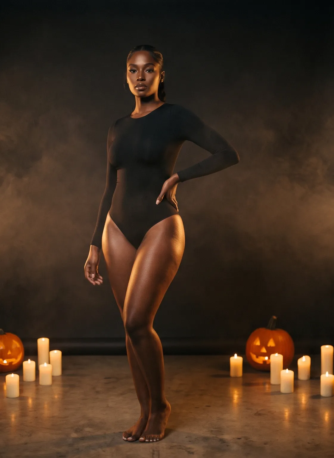 A model in a black shaping bodysuit, standing among candles and glowing pumpkins
